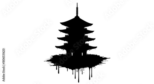 Pagoda silhouette with ink drip effect