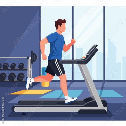 Man enjoying energetic treadmill workout at modern gym for health and fitness