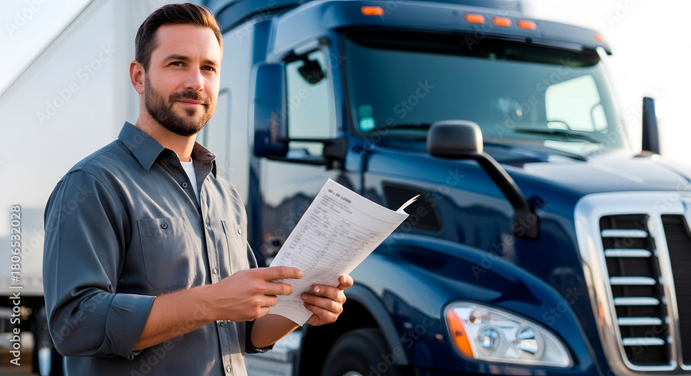Obraz premium Man truck driver holding document standing in front of semi-truck during day. Logistics and transportation industry concept for freight delivery.