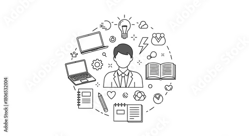 Drawn Businessman Surrounded by Educational Tools Symbolizing Learning and Innovation