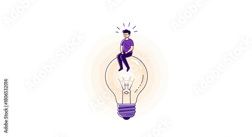 Innovation illustration displays a man seated atop an incandescent light bulb ready to inspire