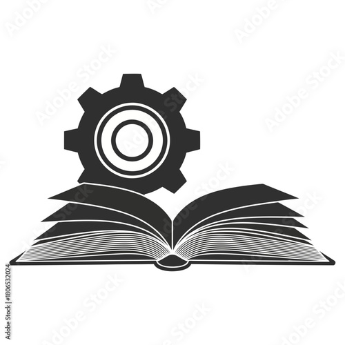 Illustration of an open book with a gear on top of it isolated on