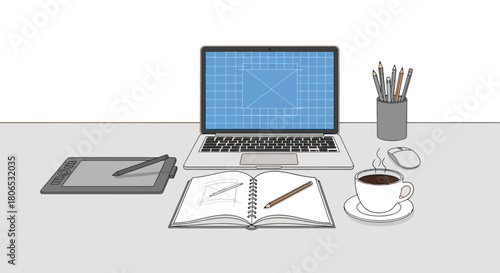 Digital artist workspace featuring a laptop graphic tablet sketchbook and coffee cup