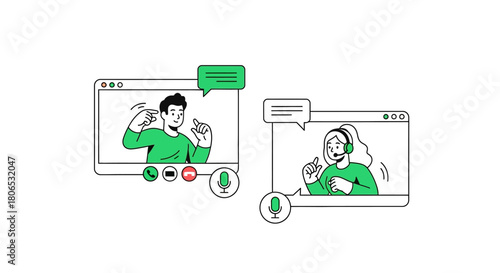 Virtual communication illustration depicting online video conferencing and digital interaction