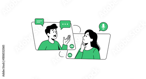 Online communication illustration portraying a man and woman engaging in a virtual conversation