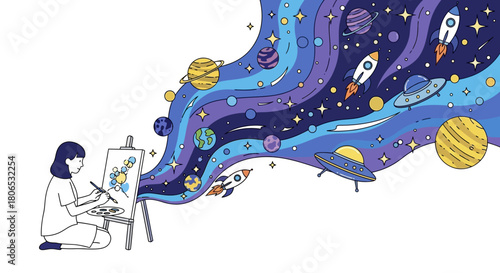 The artist paints a cosmos of planets, rockets, and stars, revealing a universe born from her