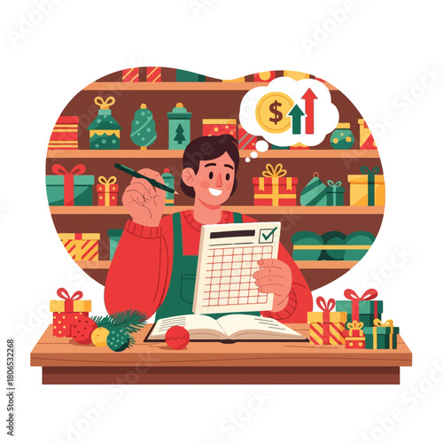 Happy Christmas shop owner checking inventory for profitable holiday sales