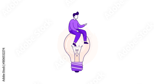 Creative illustration of a man with a new idea sitting on a glowing light bulb