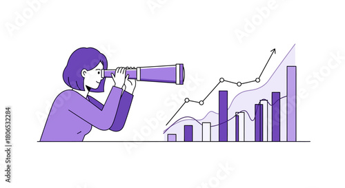 Woman with telescope looking at a growing graph depicting financial analysis and future growth