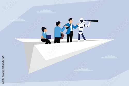 Future Business Strategy and Vision with AI, Team Flying on a Paper Airplane Looking for Opportunities 2d flat vector illustration