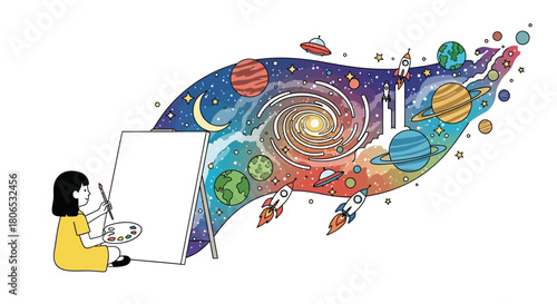 A young artist painting a vibrant cosmos on canvas capturing the universe's wonders through