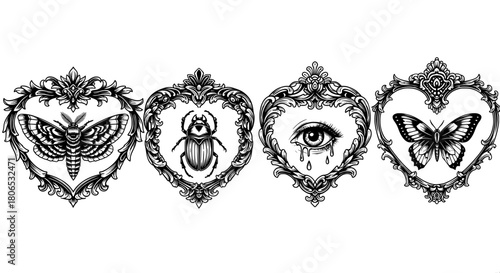 Heart frames with gothic tattoo elements