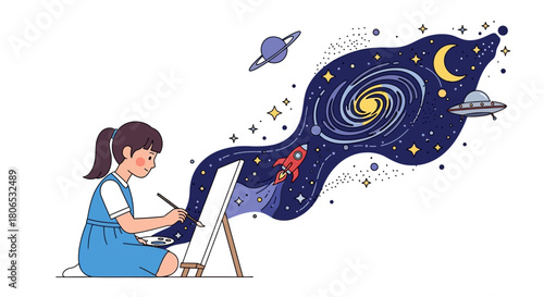 A girl artist paints a cosmic dream a universe filled with celestial bodies and fantastical