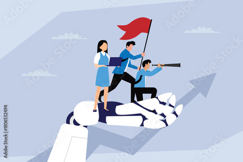 Business Leadership and Vision Supported by Technology, Team Standing on Robotic Hand and Arrow 2d flat vector illustration