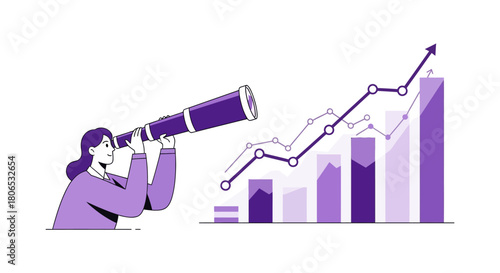 Illustrative business vision with woman using a telescope to observe a growth chart analysis