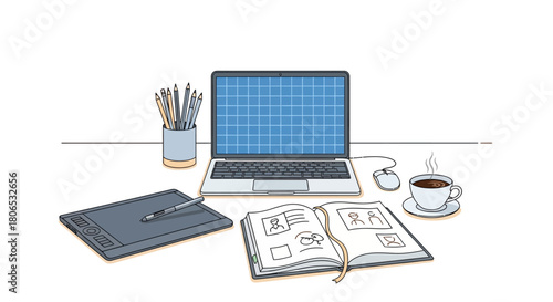 Artistic workspace illustration showcasing a laptop, tablet, sketchbook, and coffee, perfect for