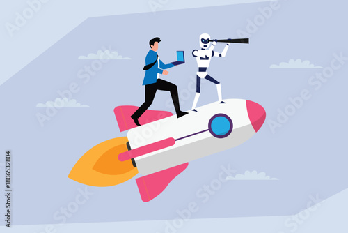 Business Innovation and AI Partnership, Man and Robot Flying on Rocket for Startup Growth and Future Vision 2d flat vector illustration