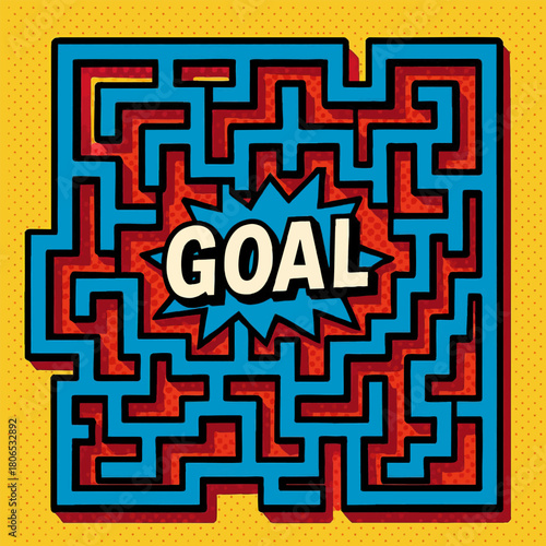 maze illustration in pop art style with the word GOAL exploding at the center, symbolizing achievement and direction. Generative ai vector colorful pop art illustration.