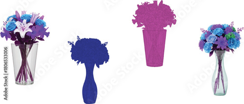 described features four vases, each showcasing a unique floral arrangement with distinct color combinations