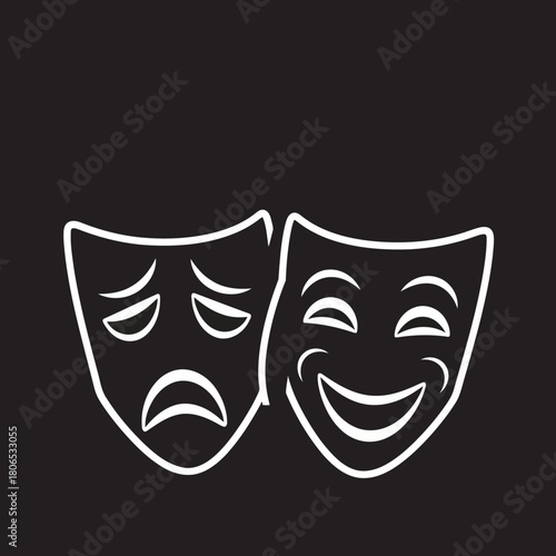 Comedy and tragedy theatrical masks isolated on continuous line drawing of comedy and tragedy theatrical masks