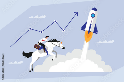 Startup Launch and Rapid Business Growth, Entrepreneur Riding Unicorn towards Rocket and Success Graph 2d flat vector illustration