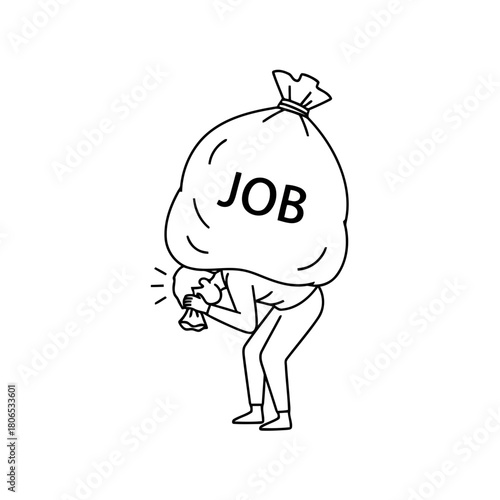 Man carrying a huge bag with job isolated on representing stress and burden of work and responsibility