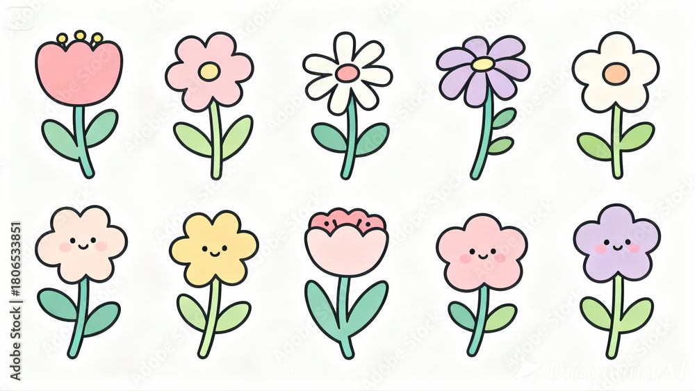 Fototapeta premium A set of hand-drawn flower icons in pastel colors. Simple and charming floral designs suitable for stickers, graphic elements, and digital decoration.