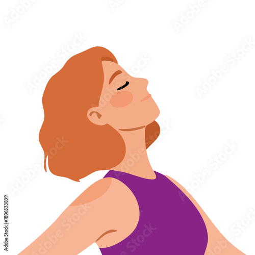 Woman with closed eyes and head tilted upward, experiencing calm and freedom. Concept of relaxation, meditation, and self-care.