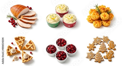 Assortment of festive foods on a bright white background