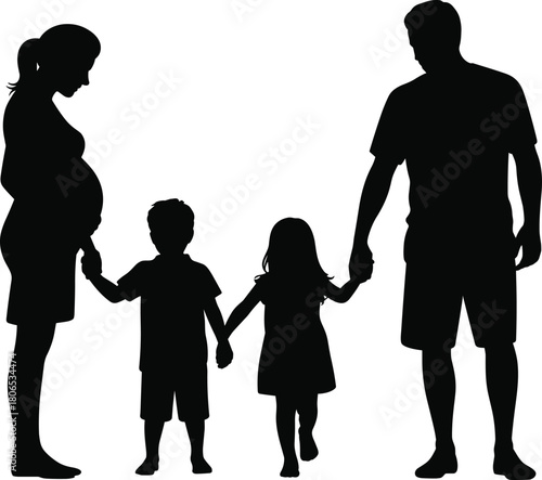 Silhouette of pregnant mother father son and daughter holding hands, family love, unity, parenting, togetherness, bonding, caring, happiness