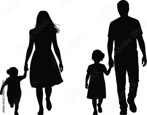 Silhouette of parents and children, family walking, mom dad kids, togetherness, parenting, love, unity, childhood, happiness, bond