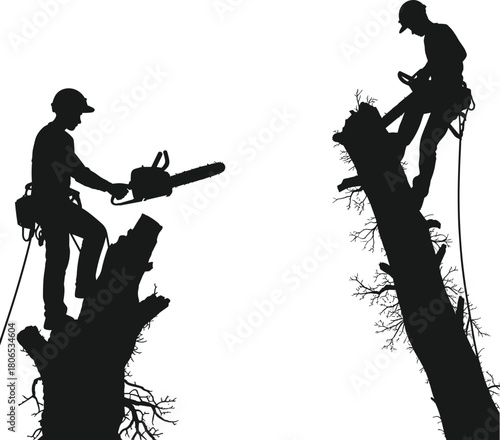 Silhouette of two arborists cutting trees with chainsaws, professional tree workers using safety gear, black and white vector illustration