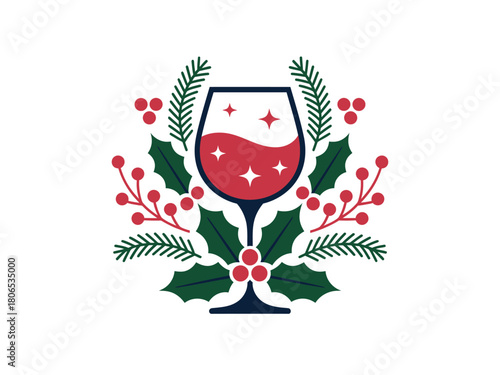 Festive holiday wine glass surrounded by holly and pine sprigs, celebrating the season