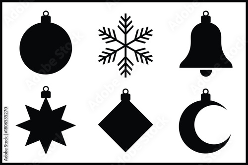 Christmas and winter festive decorative silhouettes icons set isolated on white background, Vector