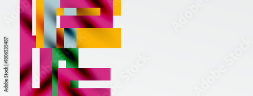 Abstract geometric composition. Rectangles overlap, creating vibrant color blocks. Minimalist design with white space dominates canvas.