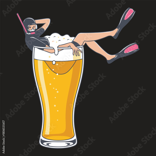 Snorkeler Relaxing in Giant Glass of Beer Vector Illustration
