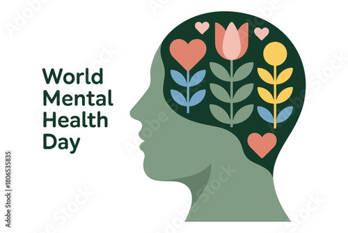 Mindful growth and well-being represented by flowers within a human head silhouette