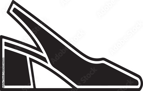 Black and white graphic silhouette of a slingback high heel shoe with a block heel footwear