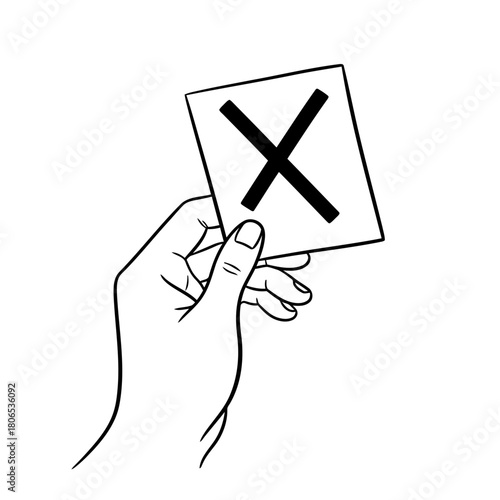 Hand holding a card with an x mark, symbolizing rejection or negative feedback, isolated on
