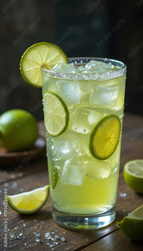 Fototapeta premium “Refreshing Lime Cocktail with Ice in Clear Glass”