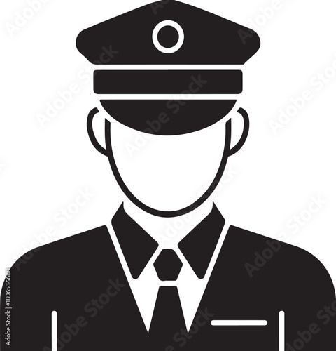 Black and white icon of a person wearing a uniform cap and suit with tie vector
