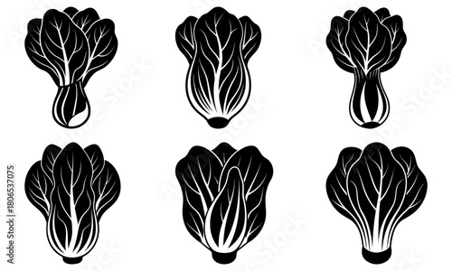 Six stylized bok choy vegetables in black and white arranged in a rectangular formation on white