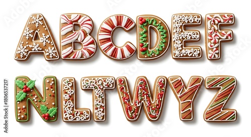 Decorated gingerbread alphabet letters on white background
