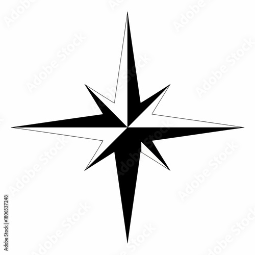 Black and white compass rose isolated on, a navigational symbol representing direction and orientation, often used in maps and logos