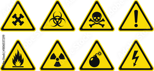 Hazardous Material Safety Warning Signs with Symbol Black on Yellow Background