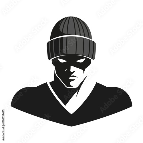 Intense thief illustration isolated on symbol of mystery, danger, and intrigue in a stylized design with a menacing gaze