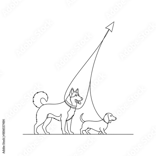 Dog walking illustration isolated on, a husky and dachshund on a leash, vector line art for pet lovers
