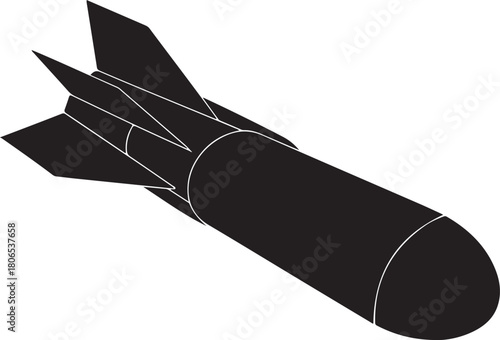 Black silhouette of a bomb with fins and a rounded nose on a white background missile