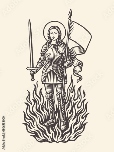 Female saint warrior with sword and banner engraving vector illustration