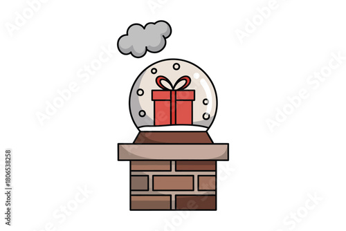 Festive snow globe with gift atop a brick chimney, hinting at holiday magic.